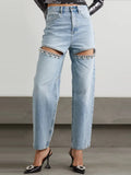 Toloer Jeans Female 2024 New Fashion Nail Drill Design Sense Hollow Out Wash Water Versatile Trousers Summer Pants-Outfit
