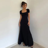 Bodycon Midi Dress Women Summer Korean Short Sleeve Square Collar A Line Dress Y2K Solid Elegant Club Party Vestidos-Outfit
