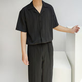 Cuban Collar Vertical Texture Design Feeling Men's Half-Sleeved Shirt Loose High-End Fall Leisure