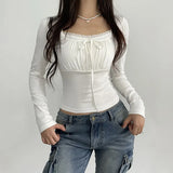 Toloer Court Gentle Wind Fold Lace With Solid Color T Shirt New Square Collar Slim Knit Long Sleeve Fake-Outfit