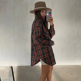 Toloer Women's Wear 2023 Fall New Vintage Plaid Shirt Boyfriend Wind Long Loose Shirt Coat-Outfit