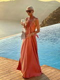 Party Long Dress Loose Backless Sleeveless Summer Long Dress A Line Laceup Halter Neck Sexy Silk Dresses Women Solid-Outfit