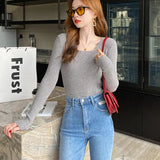 Square Collar Women's Sweater Elegant Long Sleeve Slim Sweater Knitted Bottoming Sweater Women Jumper Pull Femme