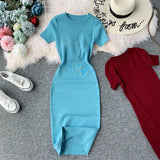 Solid-Color Temperament Round-Neck Knitted Tight Skirt Dress Bag Hip One-Step Skirt Dress Mid-Long