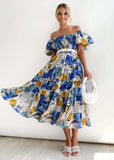 Summer New Bubble Sleeve Holiday Show Skinny Dress Babes High-Waisted Shoulder-Print Dress Dress