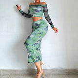 Toloer New Fashion Long-Sleeved One-Line Collar T-Shirt Slim Buttock Skirt Suit Women-Outfit