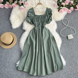 Toloer Vacation Wind French Retro Square Collar Waist Dress Female Summer Design Sense Bubble Short Sleeve Fairy