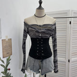 Real Shot Of The Hottie Shoulder Mesh Hot Diamond To Receive The Belt Strap Horn Long Sleeve Top Short T-Shirt
