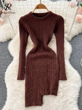 Irregular Solid Knitted Short Dress O Neck Long Sleeve Fashion Bodycon Dress Women Winter Streetwear OL Warm