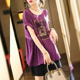 Fashion Folds Loose Oversized T-Shirt Women Clothing 2023 Summer New Casual Batwing Short Sleeve Diamonds Tops Pullovers-Outfit