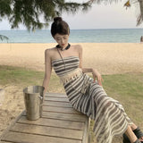 Toloer Summer New French Style Tassel Edge Black And White Striped Knit Strapless Vest Skirt Suit