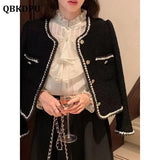 Vintage Design Tweed Cropped Jacket Women Spring Korean Fashion Long Sleeve Woolen Coat Elegant Luxury Chaquetas 2023