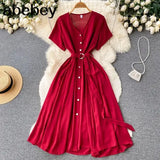 Vacation Chiffon Dresses For Women 2022 Pleated Long Dress Solid Color Temperament V-neck Maxi Bohemia Dress Robe