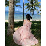 Toloer French Salt Sweet Tie Belt Hanging Neck Sleeveless Loose Long A Word Pink Tie-Dye Vest Temperament