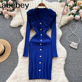 Women Ruffles Knitted Pencil Dress Korean Long Sleeve V Neck Elastic Slim Dress Autumn Winter Sexy Bodycon Warm Sweater