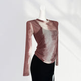 Toloer Waist Pleated Mesh Long Sleeve T Shirt Women's Thin Perspective Dizzy Dye Sunscreen Smock Hot Hot Hot Girl Top