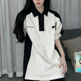 Toloer Short Sleeve T-Shirt Women's Summer Color Splicing Lapel Logo Joker Top Half Sleeve Casual T-Shirt Ins-Outfit