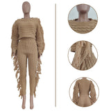 Toloer New Women's Wear Casual Solid Color Knit Long Sleeve Tassel Suit-Outfit