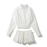 Plaid Ruched Buttoned Shirt And Pleated Micro Skirt-Outfit