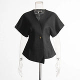 Toloer Commuter Wind 2024 New V Neck Short Sleeve Waist A Button Door Skirt Asymmetric Thin Pure Color Vest Woman-Outfit