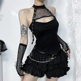 Summer 2024 New Dark Temperament Hot Girl Hanging Neck Fishing Net Vest-Girl With Sleeves-Outfit