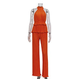 Toloer Hanging Neck Sexy Hot Girl Sleeveless Vest White Pleated High Waist Wide Leg Pants Suit Woman-Outfit