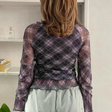 Girl Style Bowknot Splicing V-Neck Slim Checkered Mesh T-Shirt 2023 Autumn New Style Vintage Blouse-Outfit