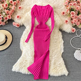 Women Korean Knitted Dress Long Sleeve O Neck Elastic Slim Pencil Dress Autumn Winter Sexy Bodycon Split Sweater