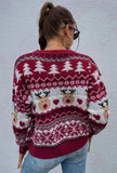 Santa Trees Elk Print O-Neck Red Christmas