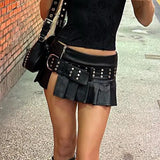 Wind Rivet Wide Belt Slit Leather Skirt 2024 Summer Hot Girl Low Waist Skirt Ebay New Short Skirt-Outfit