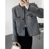Pocket Tweed Jacket Gray Black Autumn Elegant Women's Spring New Tassel