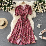 button floral print V Neck Long Dress Summer Party elastic waist dress Women elegant tunic split beach