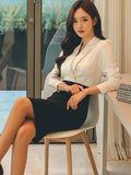 Han Queen Hot sale Autumn Black White Stitching Office Sheath Bodycon Pencil Dress High Waist Chic Party Women's Dresses-Outfit