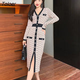 Women Vintage V-Neck Single-breasted Midi Knitted Dress Elegant Streetwear Plaid Bodycon Skinny Sweater Female