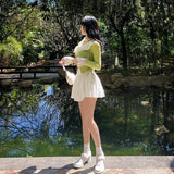 Sexy Cute White Mini Skirt Women Drawstring Folds High Waist Irregular Ruffle Patchwork Fairycore Short Skirts Mori