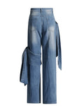 Toloer 2024 New Wash Do Old Splicing Bow Wide Leg Pants Design Sense High Waist Show Skinny Jeans Woman-Outfit
