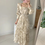 Chic Autumn Style Style Thin Square Collar Ink Print Waist Long Pleated Dress With Belt Woman-Outfit