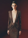 Brown Sequin Deep V-Neck Long Sleeve Evening Midi Dress-Outfit