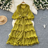 New Elegant Dress Spring Dress High-End Retro Collar Lantern Sleeves To Close Waist Lotus Leaves Side Pressure Skirt Dress