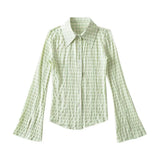 Trendy Women's Horn Long-Sleeved Forked Shirt Summer New Pure Lust Hot Girl Tight Waist Plaid Blouse-Outfit