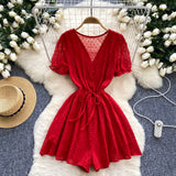 Women's Seaside Beach Pants Summer Dress New V-Neck Bubble Sleeves With Broad Legs