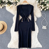 Women Knitted Pencil Dress Korean Long Sleeve V Neck Elastic Slim Dress Autumn Winter Sexy Bodycon Warm Sweater