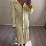 Solid Color Clasp-Buttoned Knitted Long Dress In Autumn