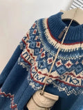Blue Zipper Jacquard Knitted Cardigan-Outfit