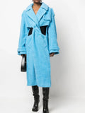 Toloer 2024 New Fashion Hollow Design Sense Kink Waist Show Thin Long Blue Plush Coat Female-Outfit