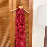 Spring And Summer French Vintage Sweetheart V-Neck Red Wave Point Hanging Neck Dress With