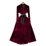 Light Luxury Famous Woman High-End Sense V Collar Long Sleeve Strap To Close The Waist Velvet Dress Women Autumn And Winter Lanky