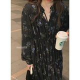 Toloer Wind V Collar Black Long Sleeve Floral Dress Female Summer Feeling Small Loose Bottom Long Skirt-Outfit