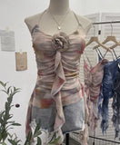 Lotus Leaf Side Flower V-Neck Sling Vest Dyed Mesh Cross-Sleeveless Top