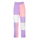 Contrast Color Distressed Jeans Pants Women Preppy Style Chic Streetwear Outfits High Waist Straight Denim Pants